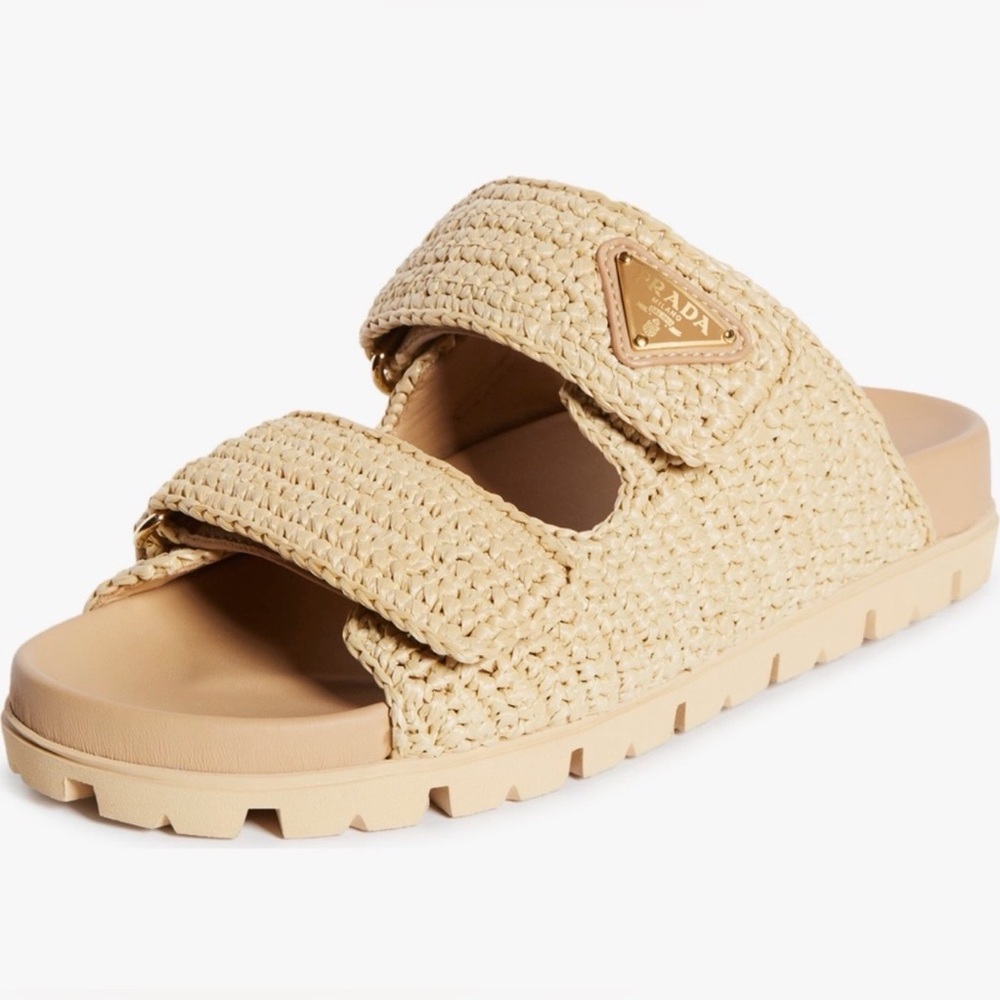 Prada Fussbett Raffia Double Band Tan Woven Slide Sandals‎